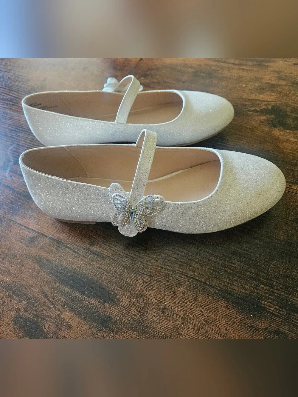 Cupcake Couture Sparkly Silver Mary Jane Shoes with Butterfly Accent Size 4